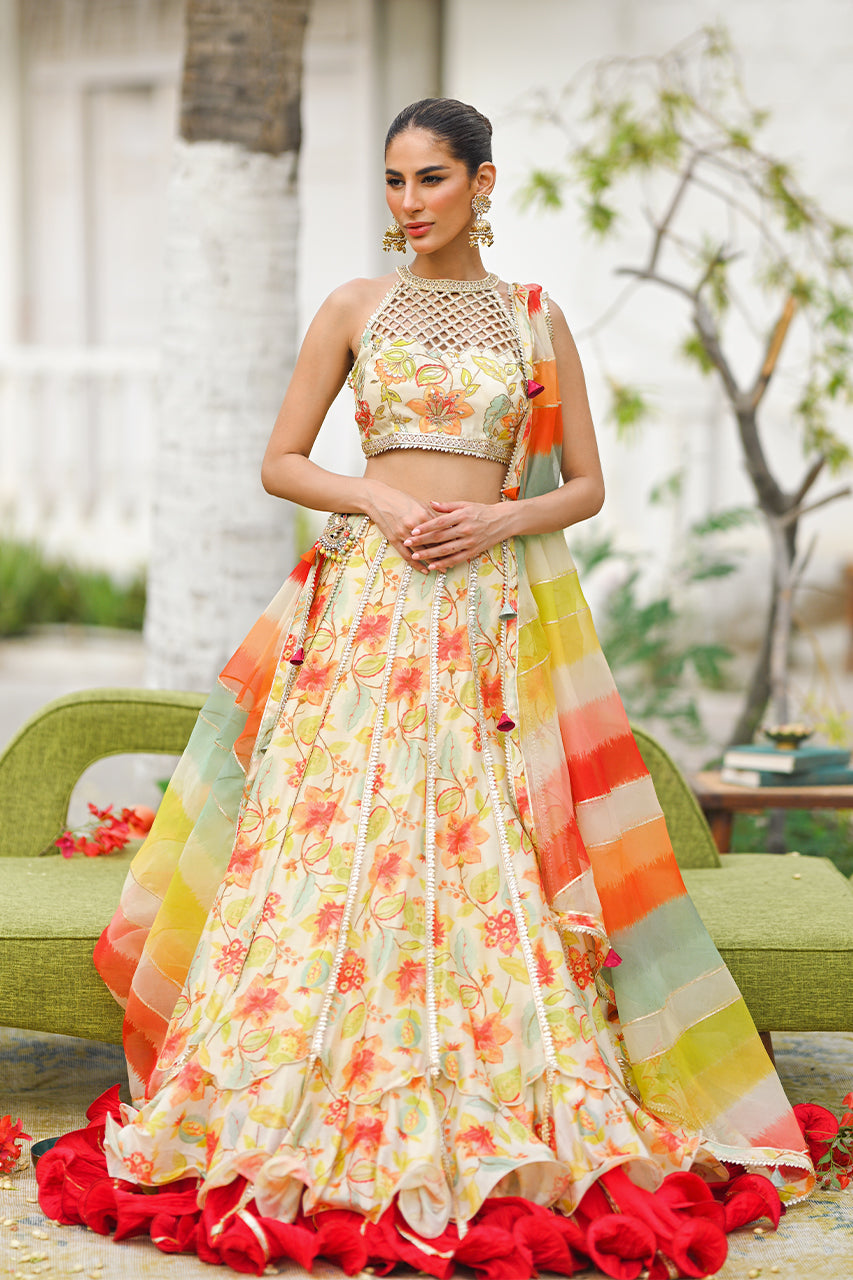 Ivory Floral Gota Khaddi Silk Lehenga Choli (3-Piece) - Image 1