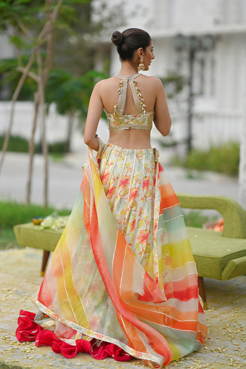 Ivory Floral Gota Khaddi Silk Lehenga Choli (3-Piece) - Image 2