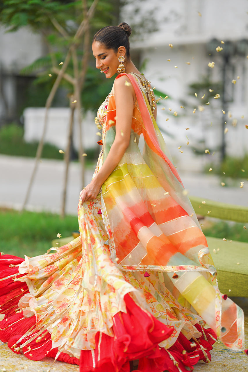 Ivory Floral Gota Khaddi Silk Lehenga Choli (3-Piece) - Image 3