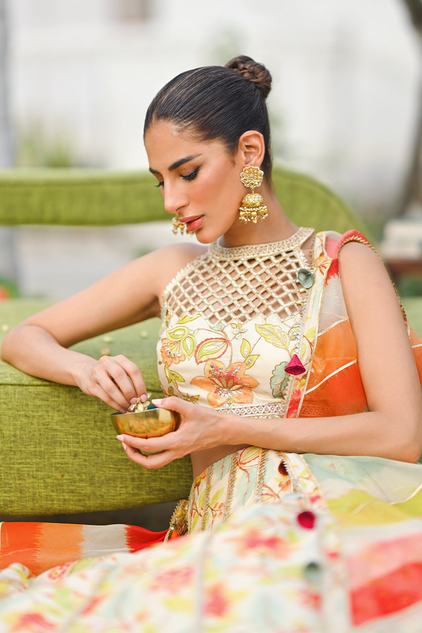 Ivory Floral Gota Khaddi Silk Lehenga Choli (3-Piece) - Image 4