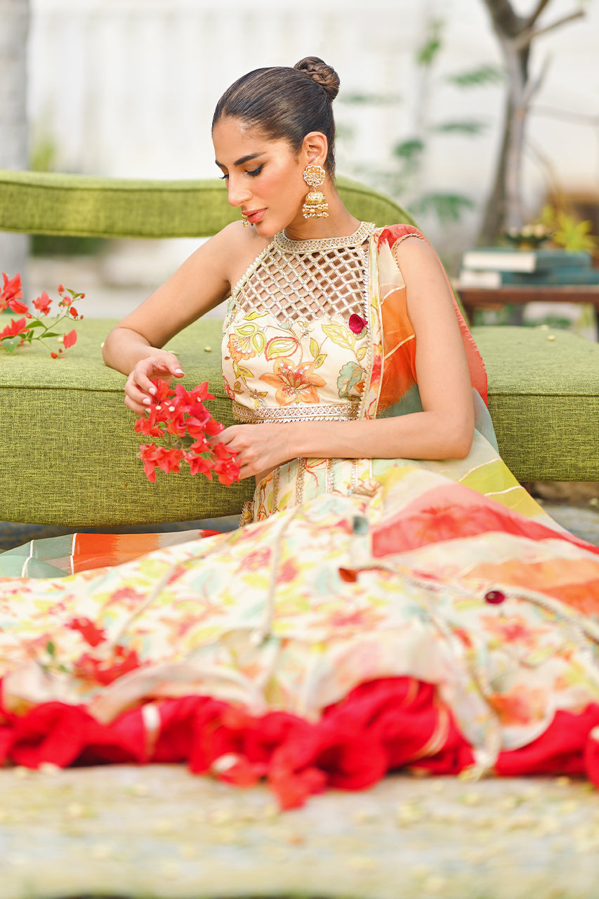 Ivory Floral Gota Khaddi Silk Lehenga Choli (3-Piece) - Image 5