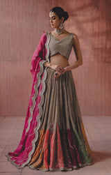 Off-White Crystal-Encrusted Net Lehenga (3-Piece) - Image 2