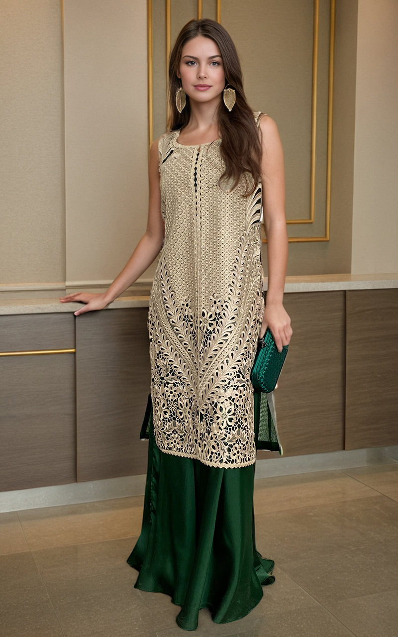 Ivory Cutwork Embroidered Jacket with Emerald Lehenga (2-Piece) - Image 1