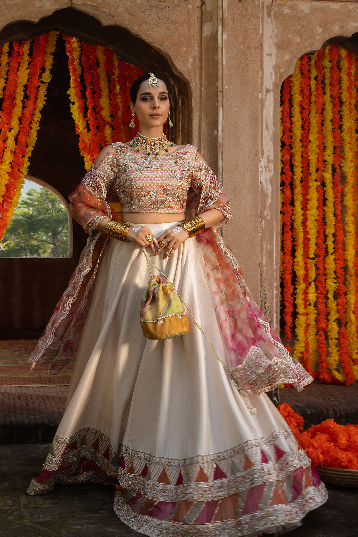 Off-White Embellished Raw Silk Lehnga Choli (3-Piece) - Image 11