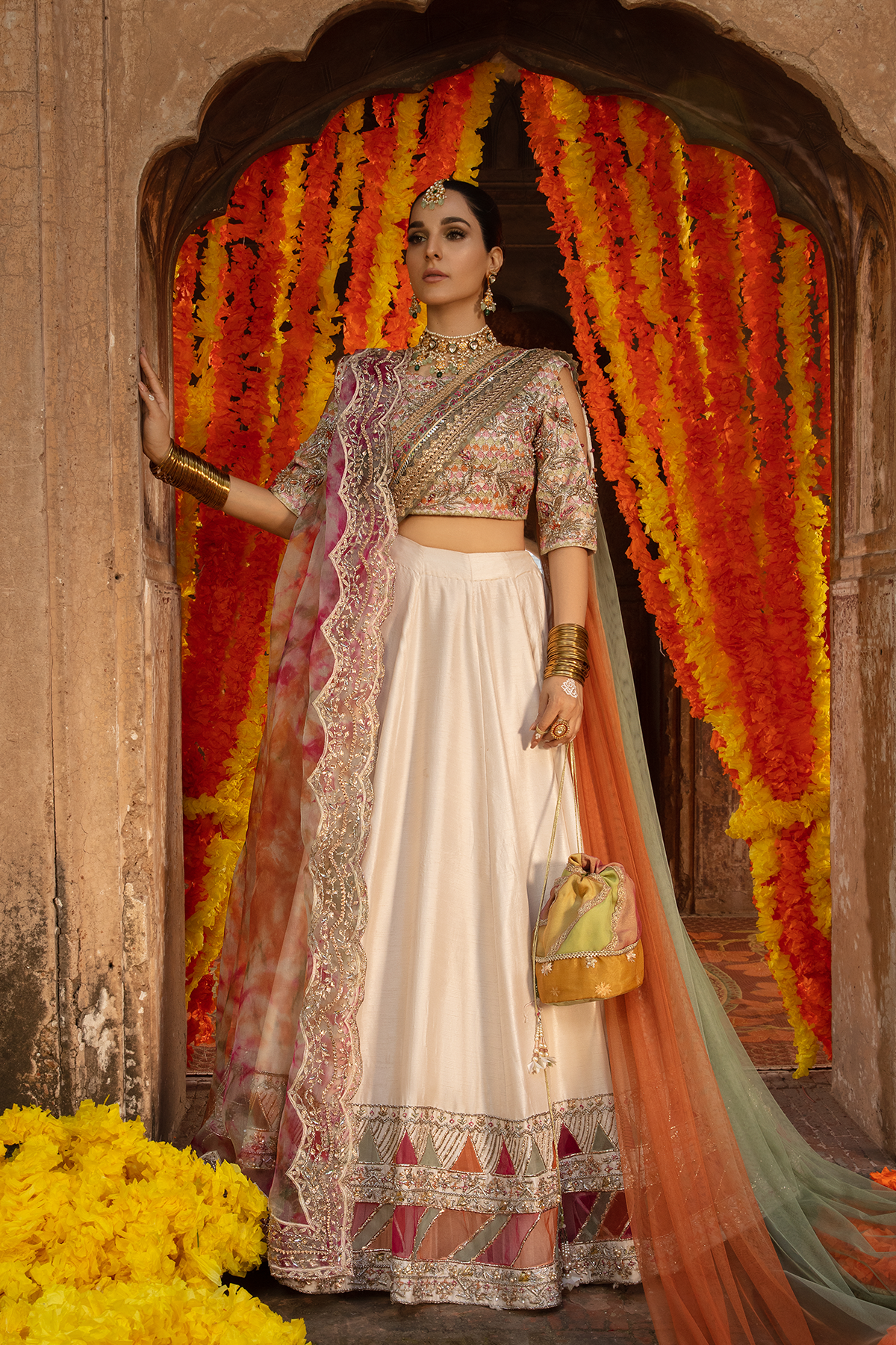 Off-White Embellished Raw Silk Lehnga Choli (3-Piece) - Image 3