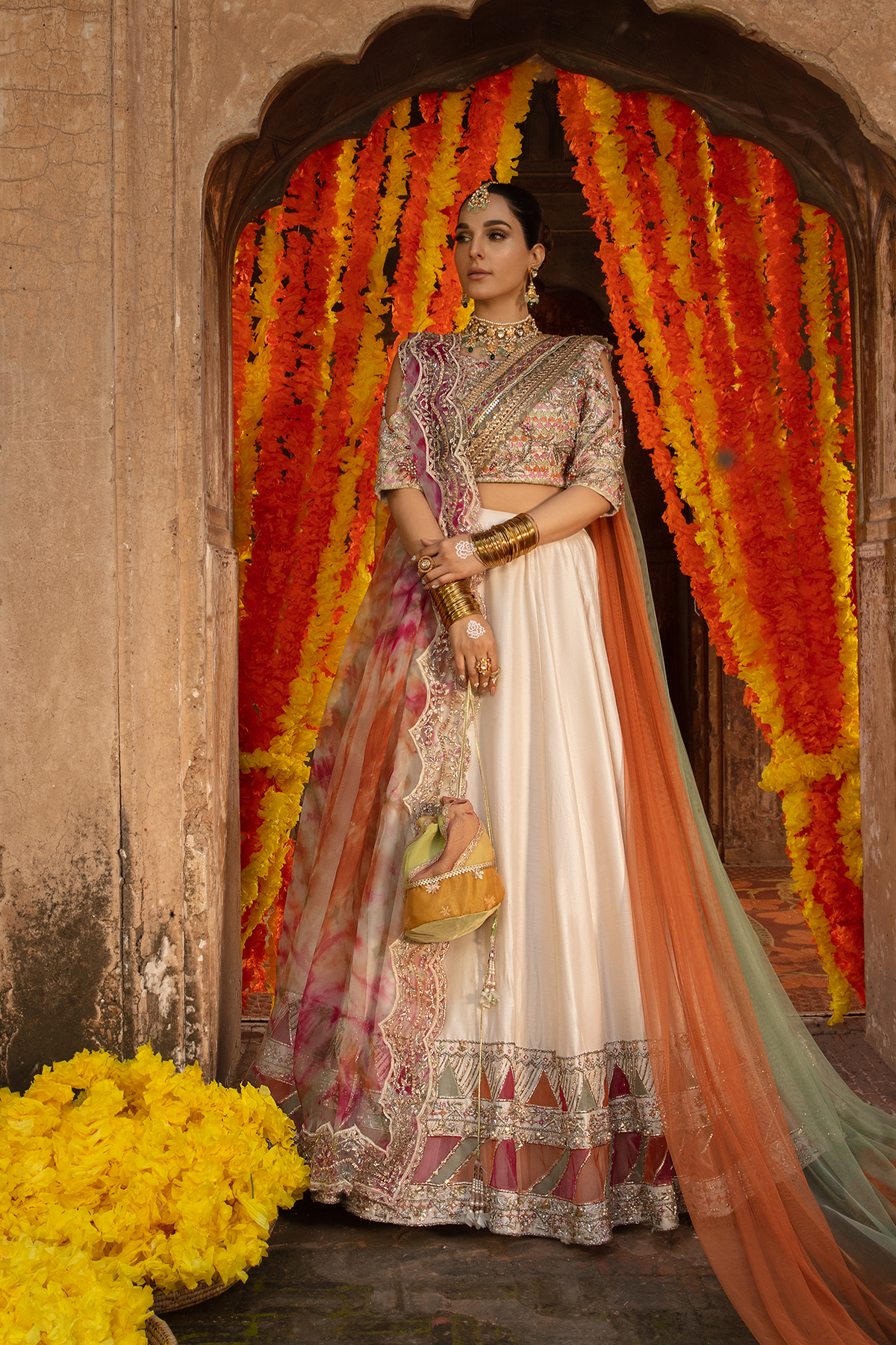 Pakistani Off-White Embellished Raw Silk Lehenga Choli (3-Piece) - Image 1