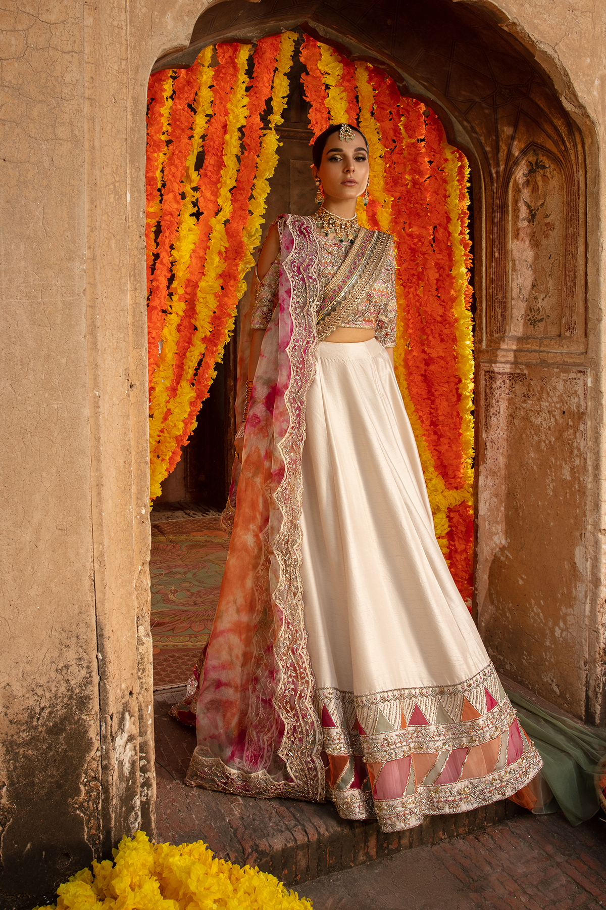 Pakistani Off-White Embellished Raw Silk Lehenga Choli (3-Piece) - Image 5