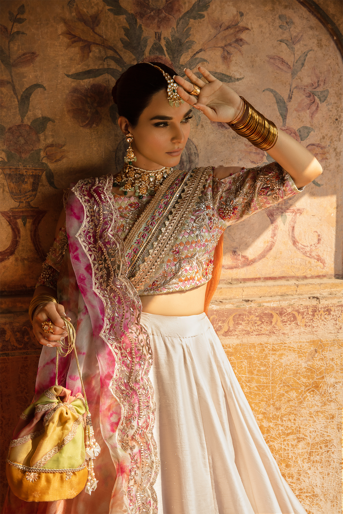 Pakistani Off-White Embellished Raw Silk Lehenga Choli (3-Piece) - Image 8