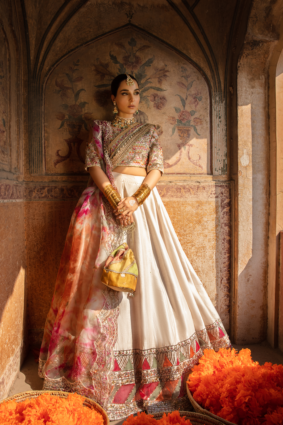 Pakistani Off-White Embellished Raw Silk Lehenga Choli (3-Piece) - Image 9