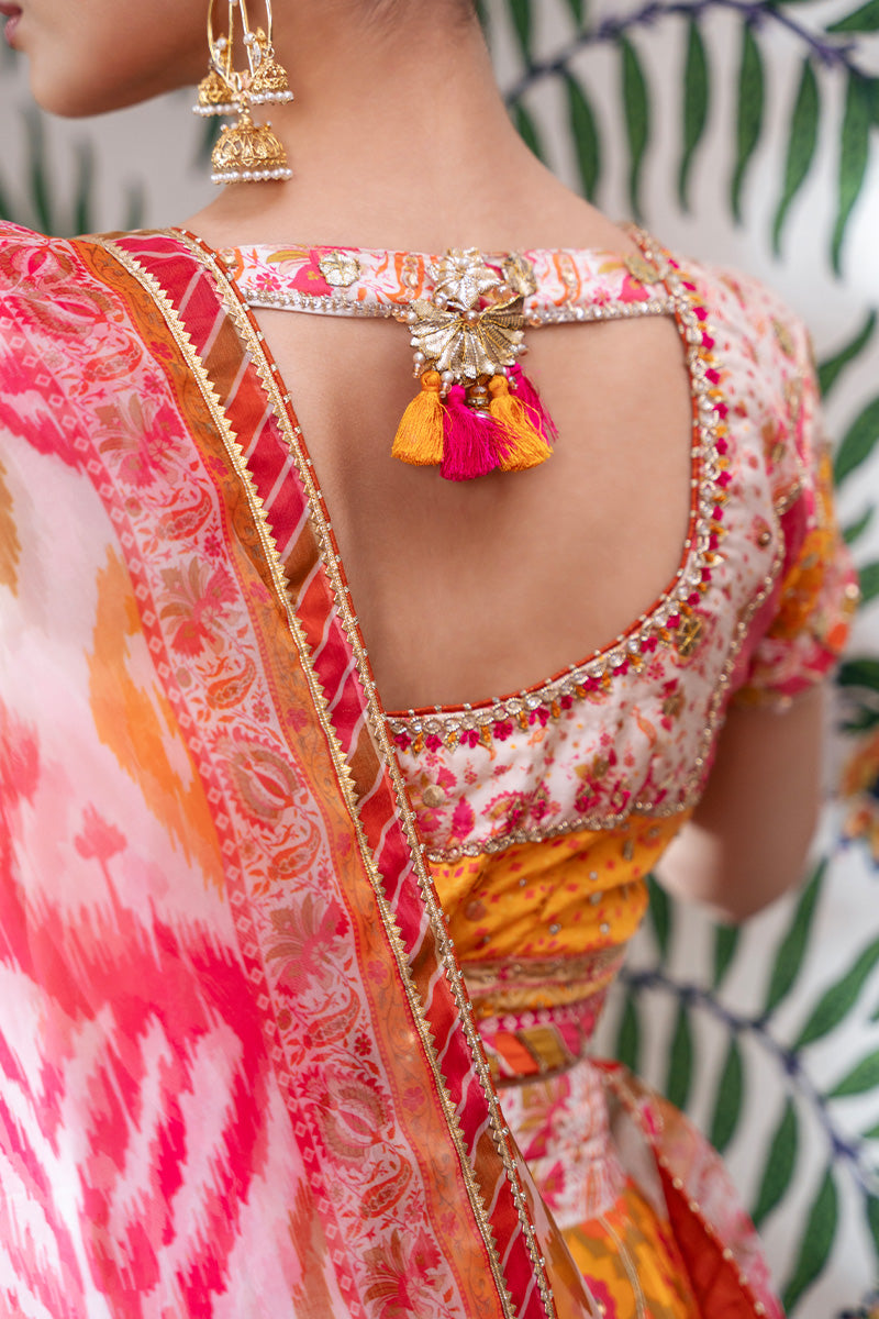 Ivory Ikat Embellished Raw Silk Lehenga Choli (3-Piece) - Image 2