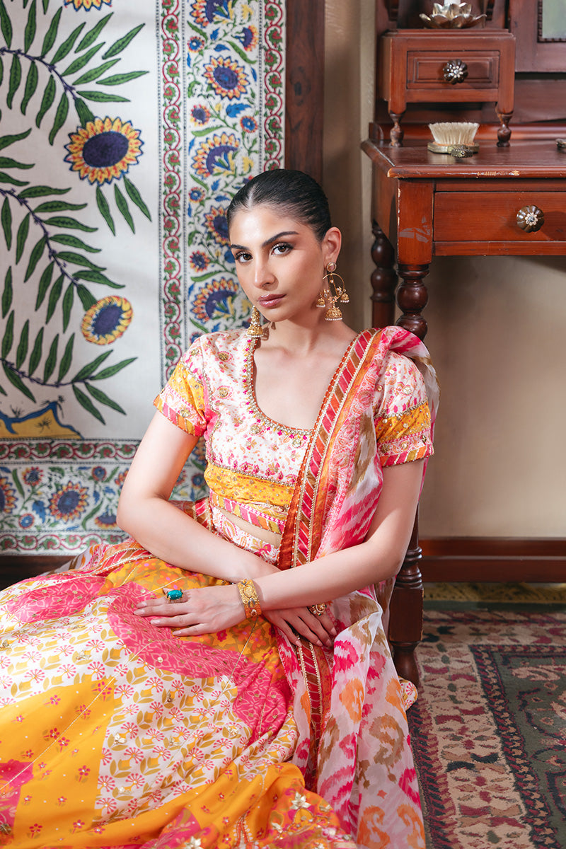 Ivory Ikat Embellished Raw Silk Lehenga Choli (3-Piece) - Image 3