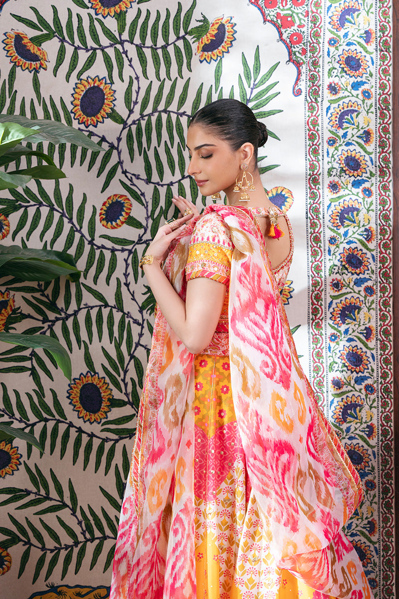 Ivory Ikat Embellished Raw Silk Lehenga Choli (3-Piece) - Image 4