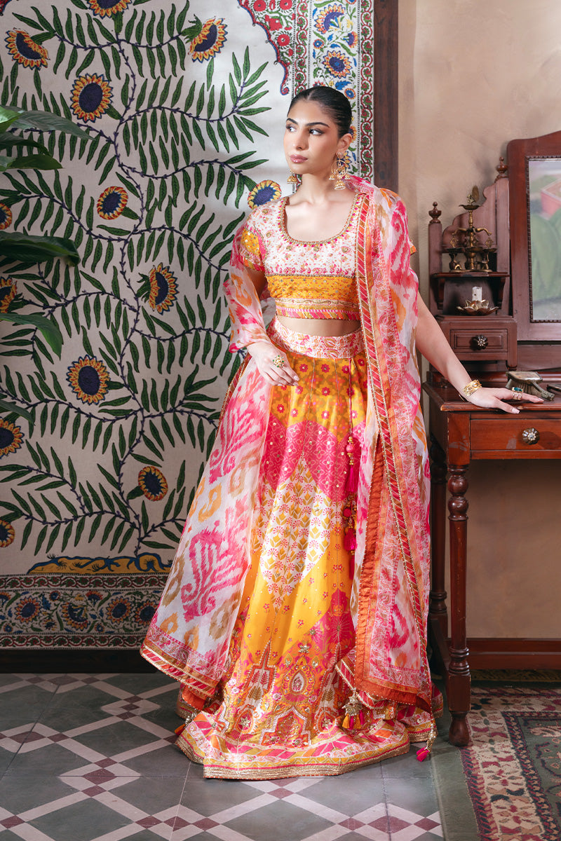 Ivory Ikat Embroidered Raw Silk Lehenga Choli (3-Piece) - Image 1