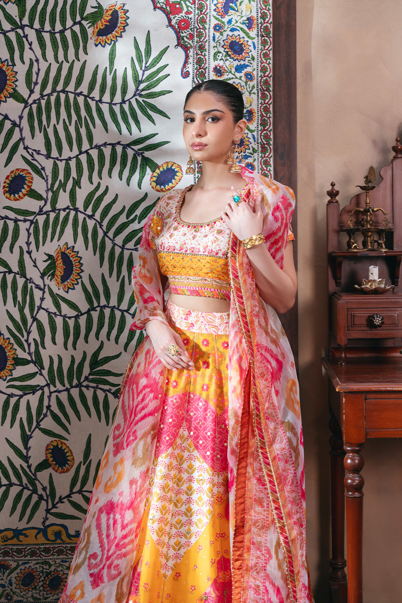 Ivory Ikat Embroidered Raw Silk Lehenga Choli (3-Piece) - Image 5