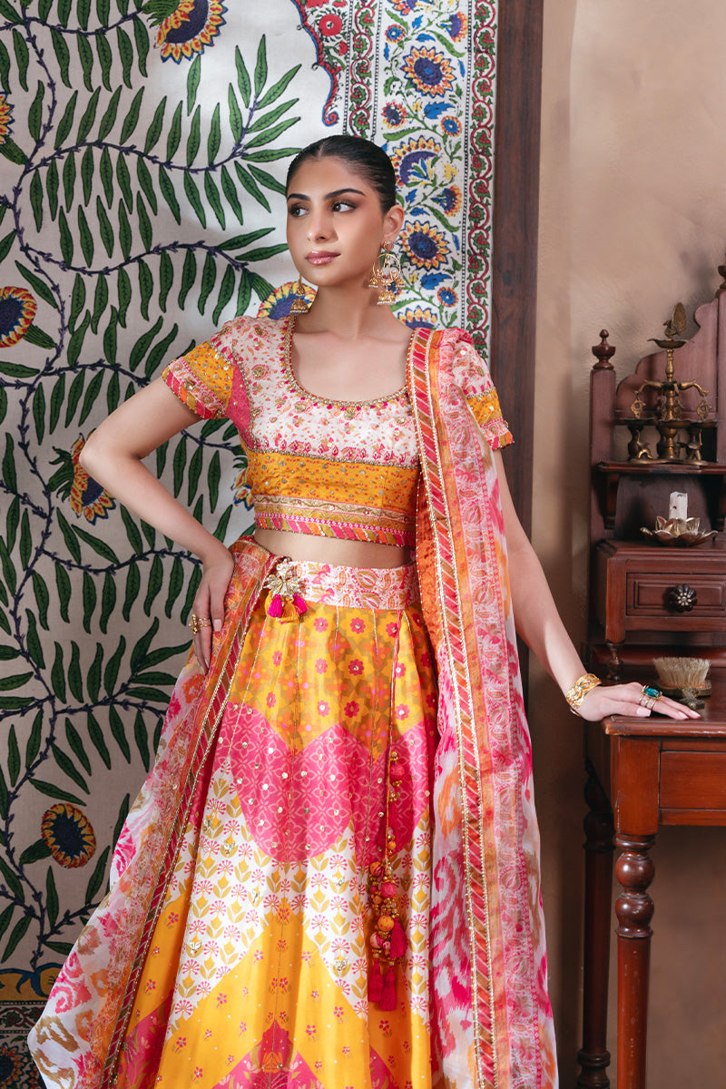 Ivory Ikat Embroidered Raw Silk Lehenga Choli (3-Piece) - Image 6