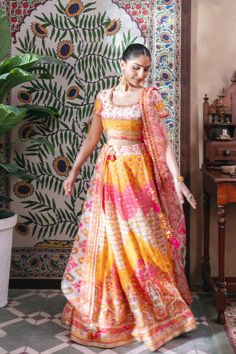 Ivory Ikat Embroidered Raw Silk Lehenga Choli (3-Piece) - Image 7