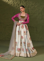 Pakistani Off White & Hot Pink Embellished Rawsilk Lehenga (3-Piece) - Image 2