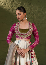 Pakistani Off White & Hot Pink Embellished Rawsilk Lehenga (3-Piece) - Image 3