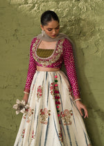 Pakistani Off White & Hot Pink Embellished Rawsilk Lehenga (3-Piece) - Image 4