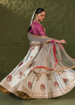Pakistani Off White & Hot Pink Embellished Rawsilk Lehenga (3-Piece) - Image 5