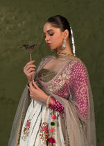 Pakistani Off White & Hot Pink Embellished Rawsilk Lehenga (3-Piece) - Image 7