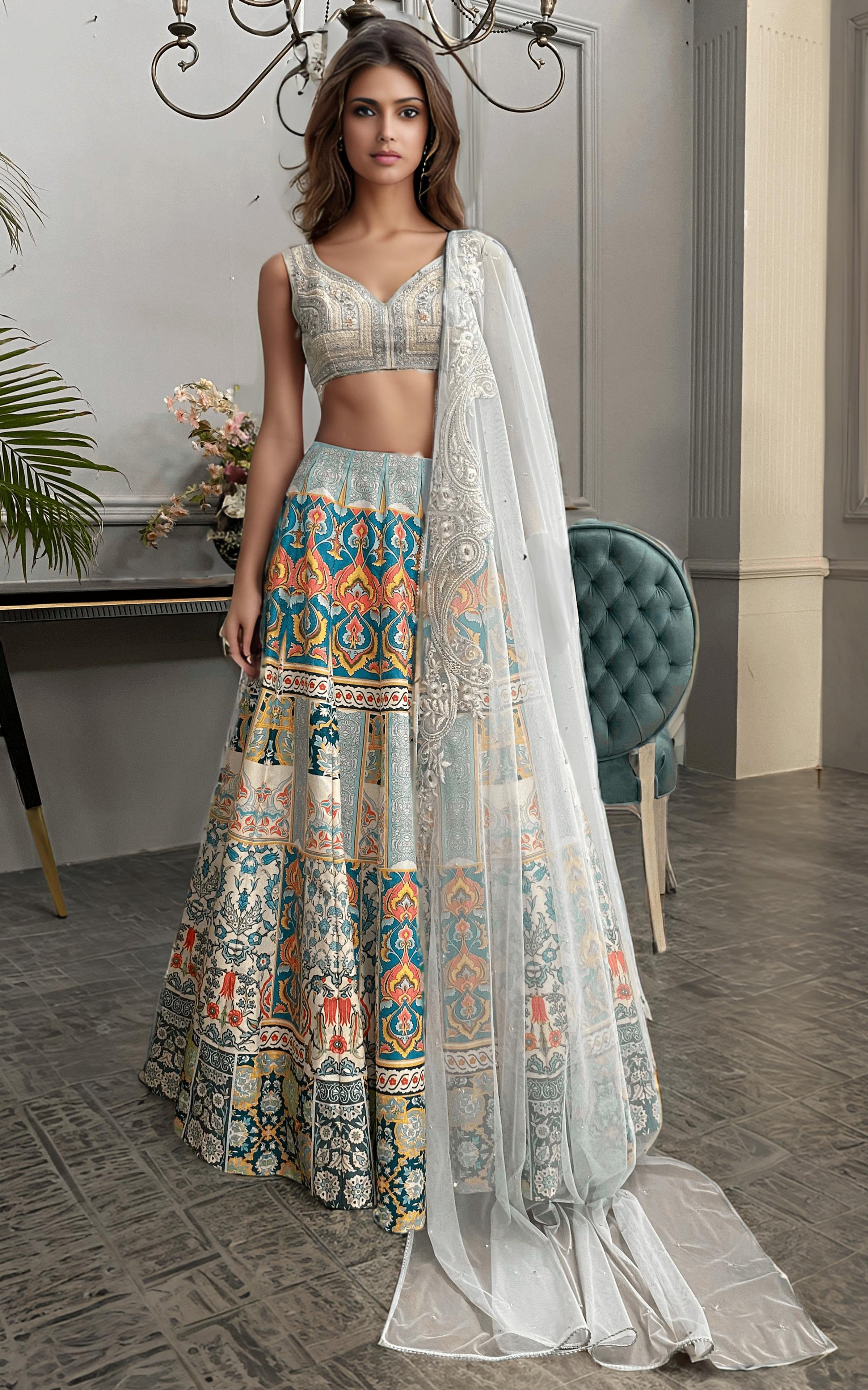 Pakistani Ivory Embroidered Silk-Blend Lehenga (3-Piece) - Image 1