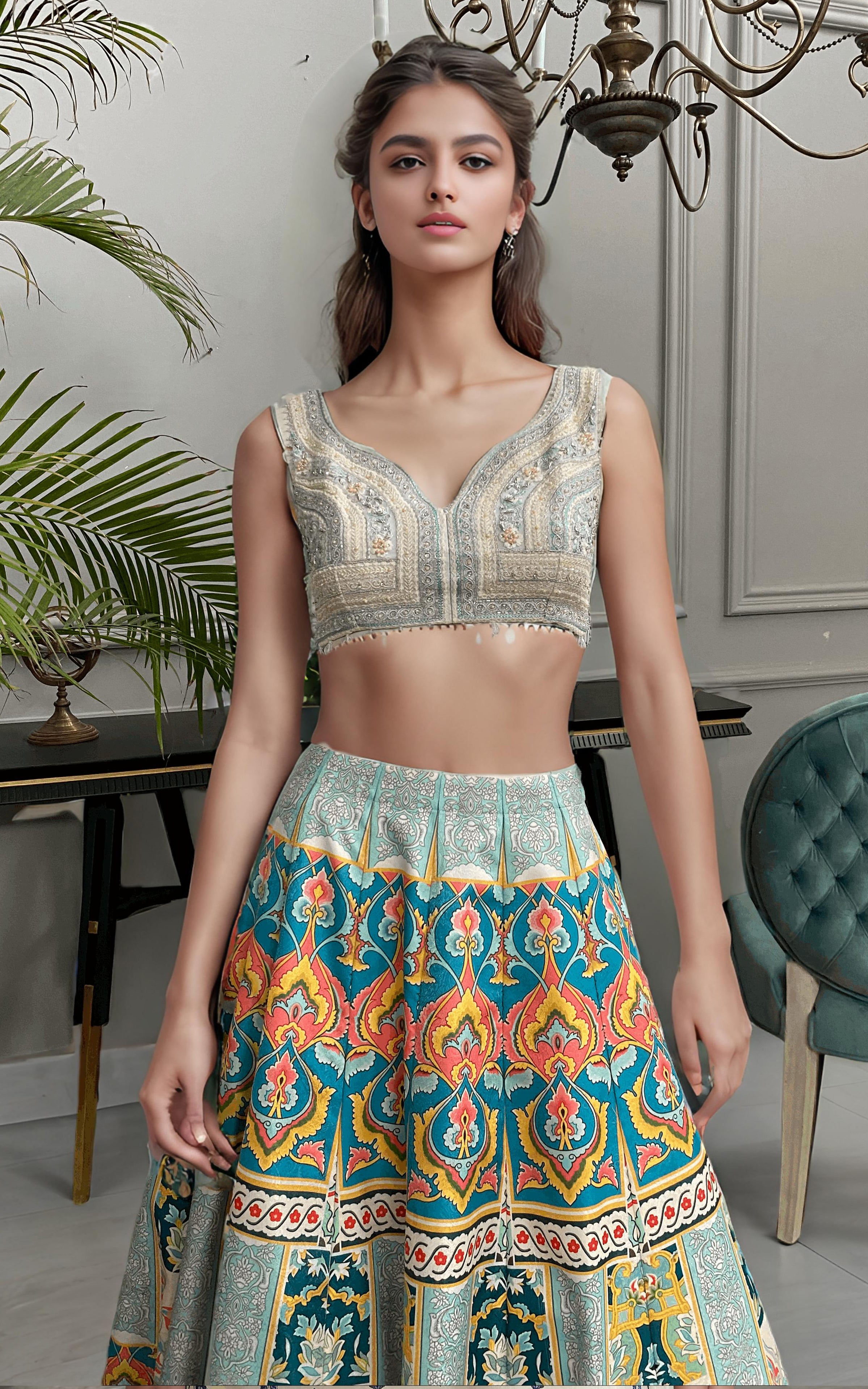 Pakistani Ivory Embroidered Silk-Blend Lehenga (3-Piece) - Image 3