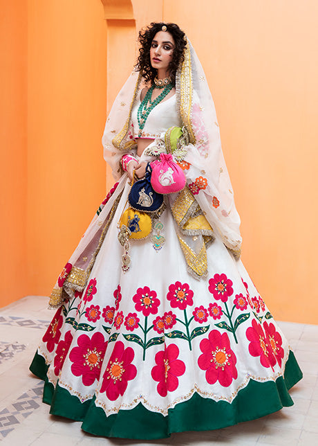 Ivory Embroidered Silk Lehenga Choli (3-Piece) - Image 4