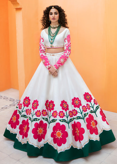 Pakistani Ivory Embroidered Silk Lehenga Choli (3-Piece) - Image 2