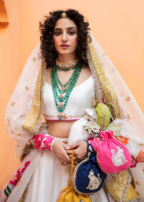 Pakistani Ivory Embroidered Silk Lehenga Choli (3-Piece) - Image 5