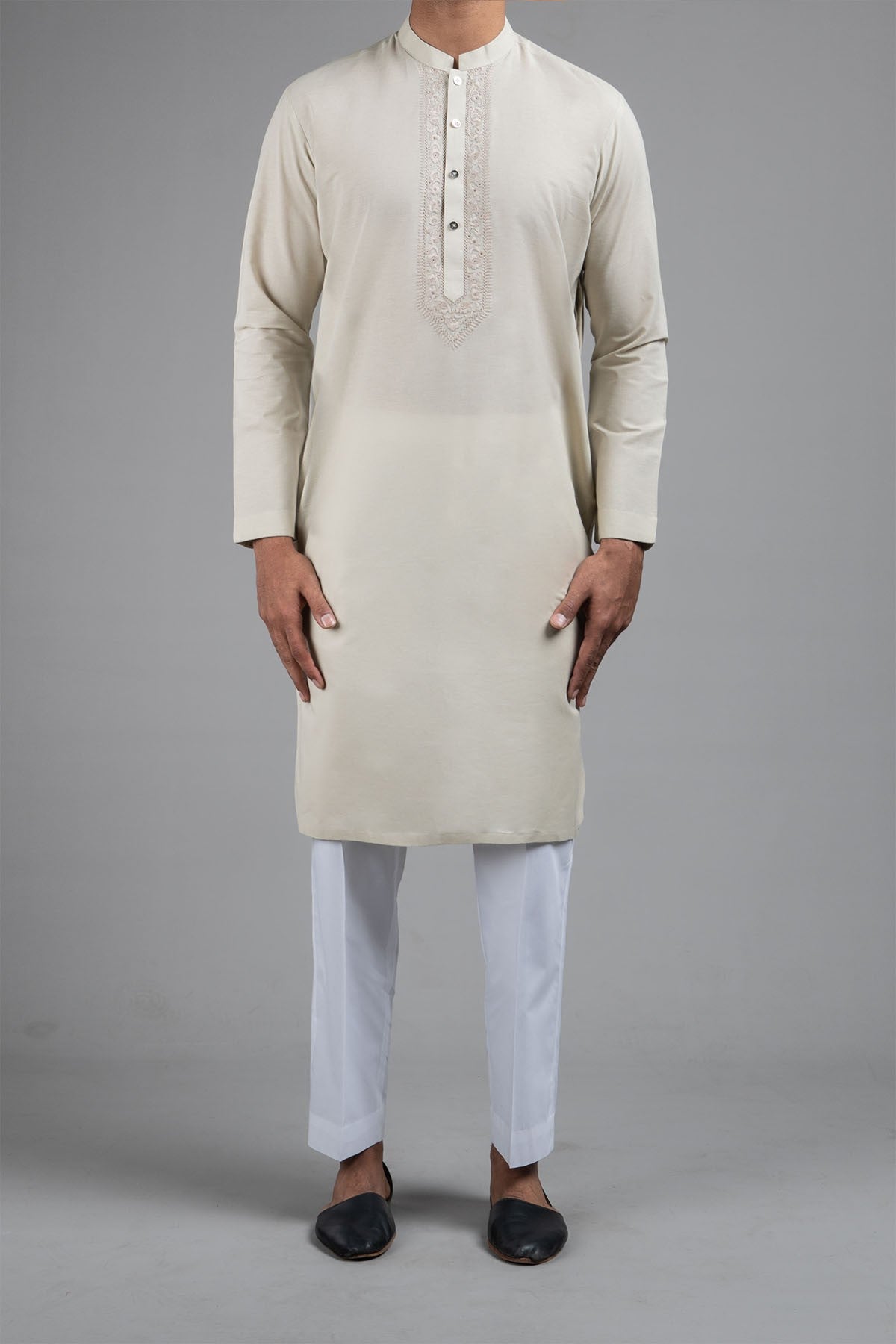 Off-White Embroidered Cotton Kurta (2-Piece) - Image 1