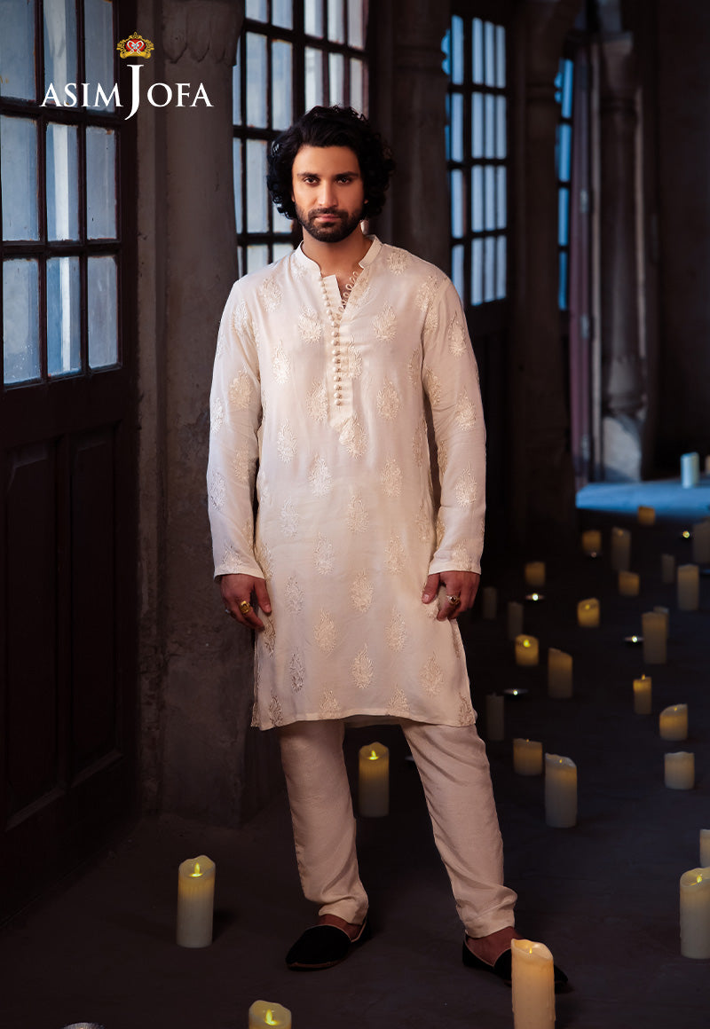Off White Embroidered Raw Silk Kurta Set (2-Piece) - Image 1