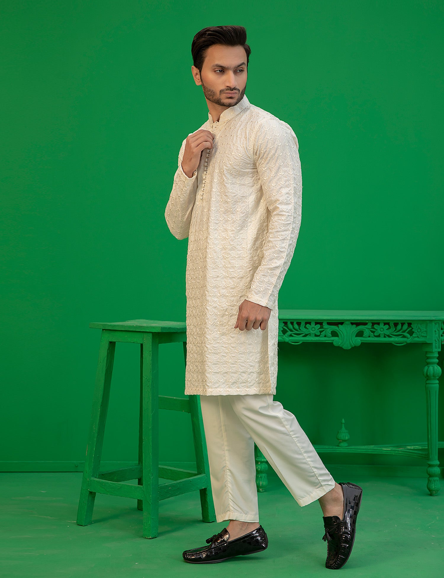 Off-White Embroidered Wash N Wear Kurta (2-Piece) - Image 6