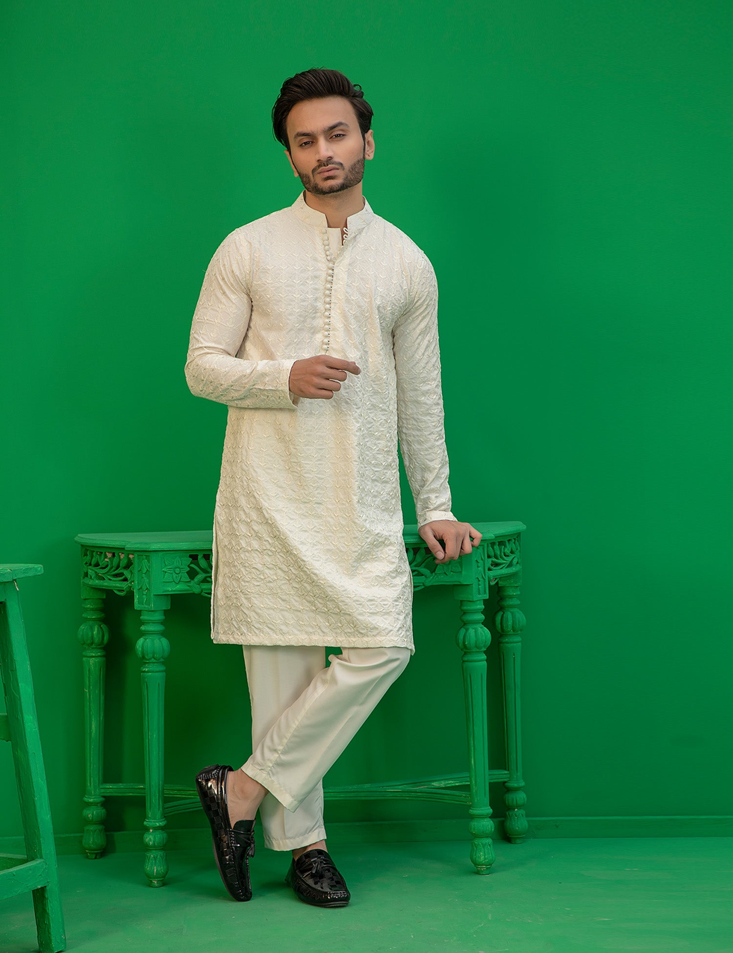 Off-White Embroidered Wash N Wear Kurta (2-Piece) - Image 8