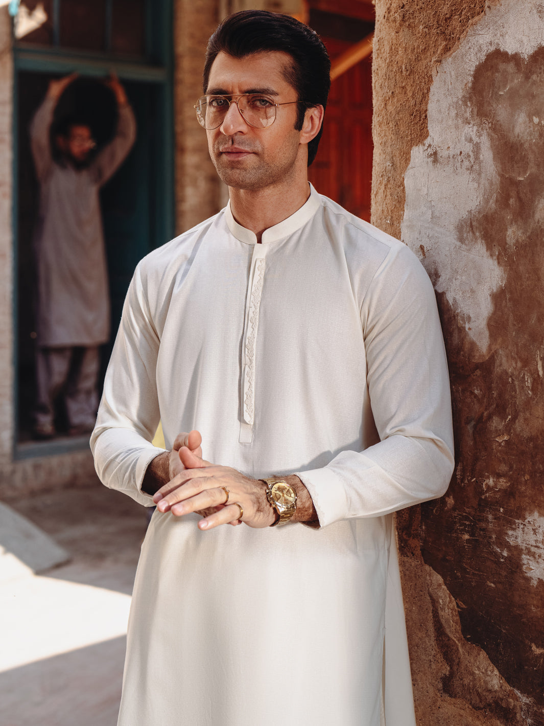 Off White Dori Embroidered Blended Shalwar Kameez (2-Piece) - Image 6