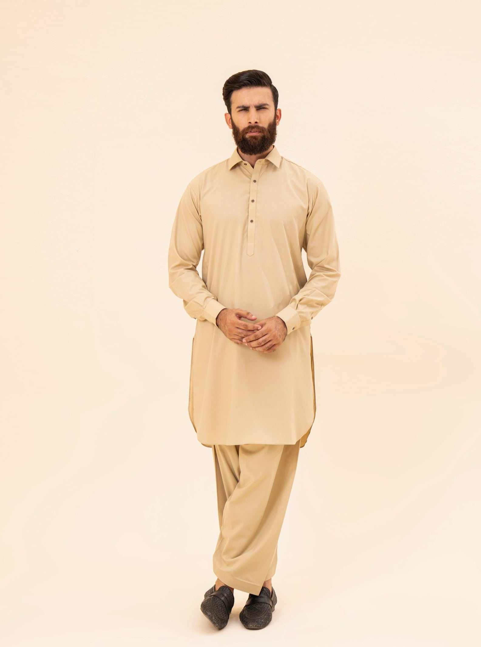 Ivory Blended Fabric French Collar Kameez Shalwar (2-Piece) - Image 2