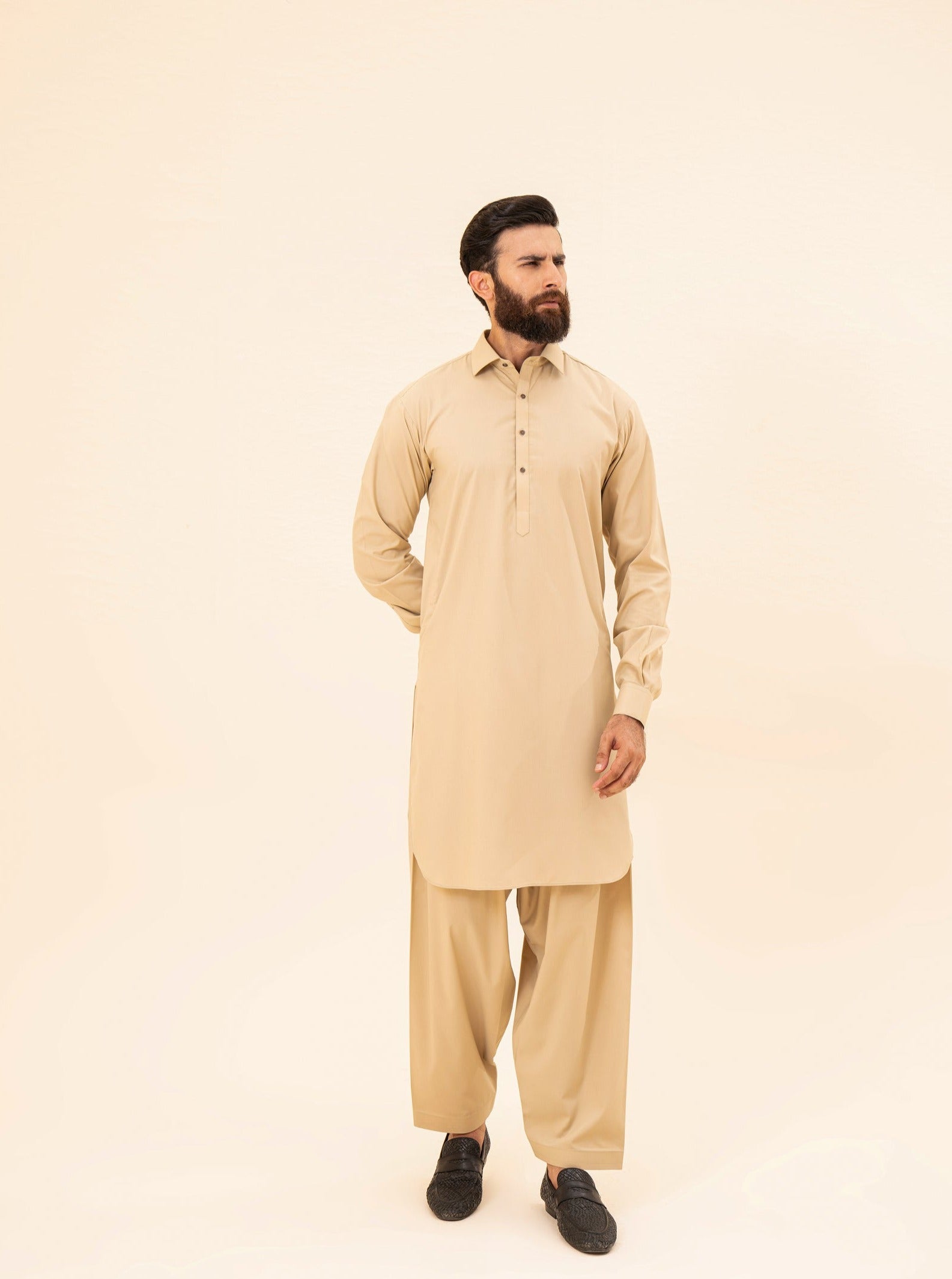 Ivory Blended Fabric French Collar Kameez Shalwar (2-Piece) - Image 3