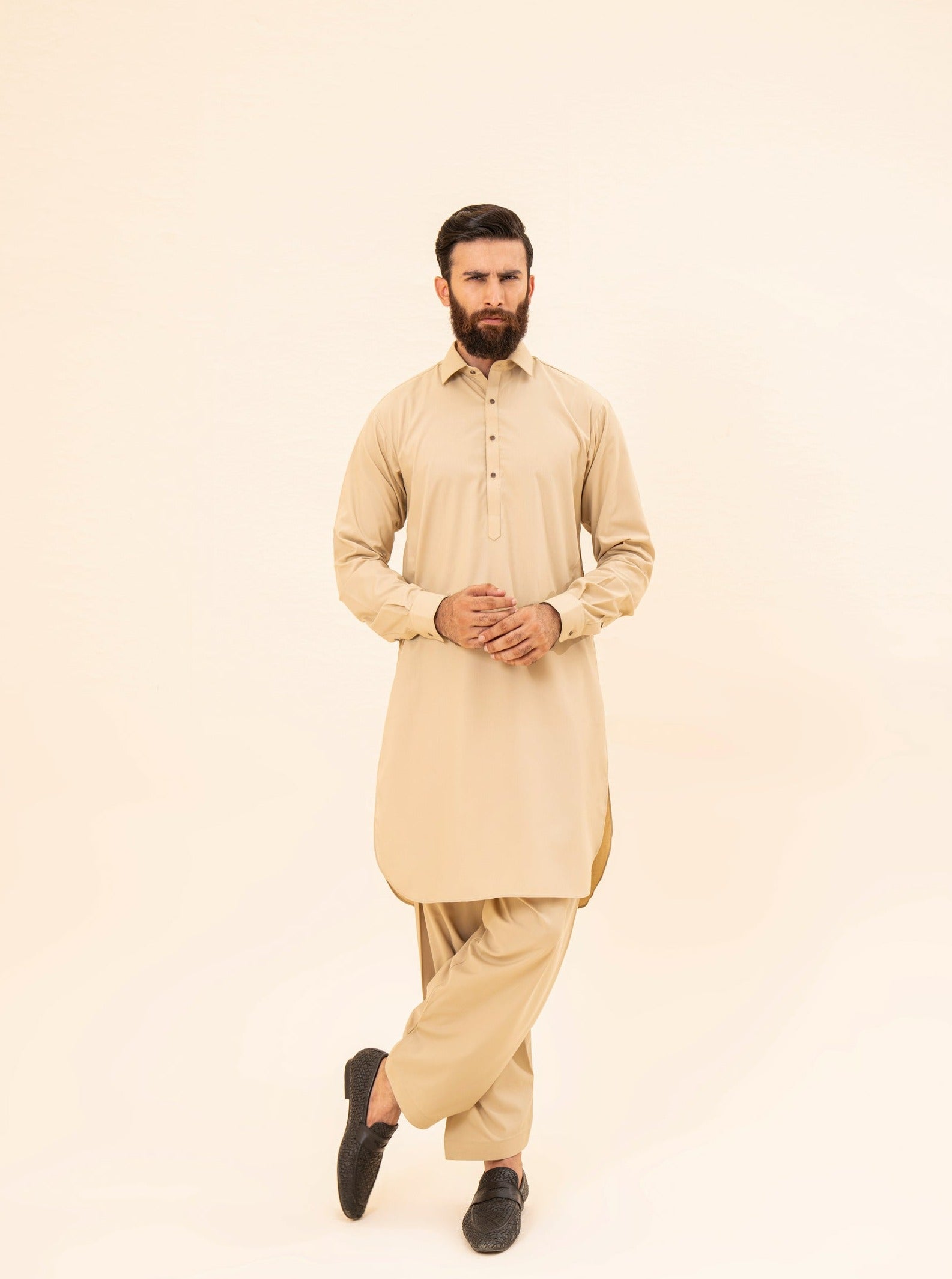 Ivory Blended Fabric French Collar Kameez Shalwar (2-Piece) - Image 4