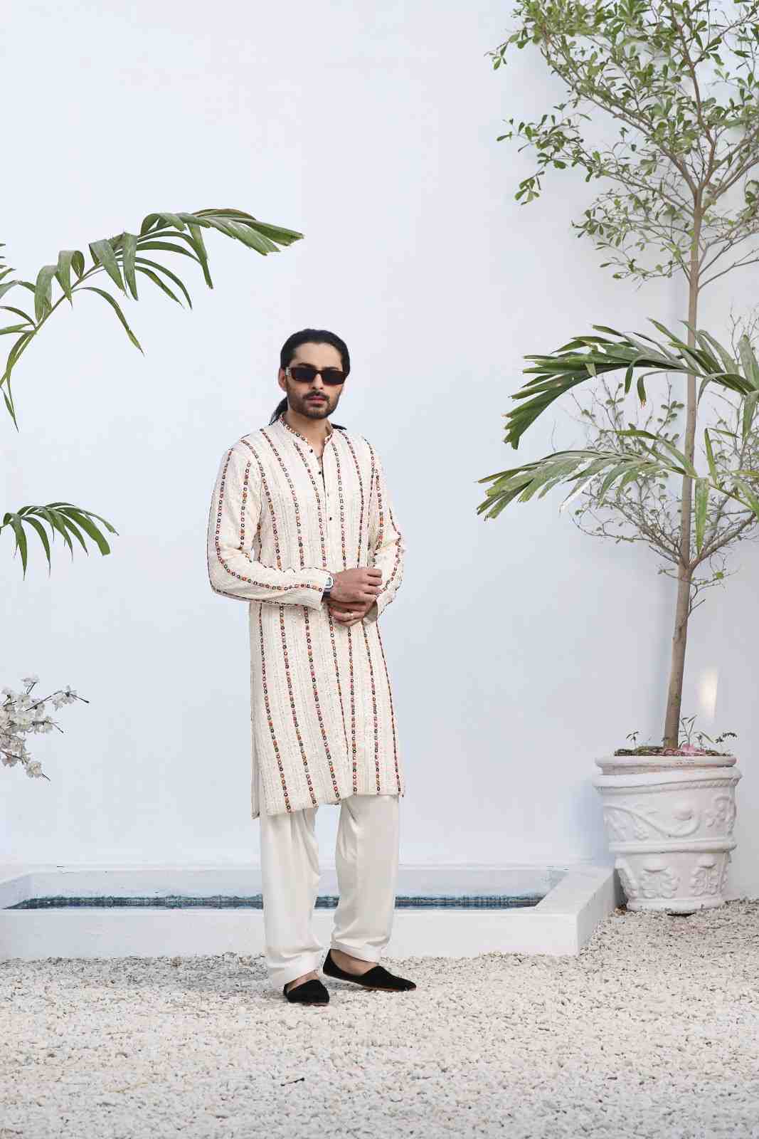 Off-White Beaded Cotton Shalwar Kameez (2-Piece) - Image 1