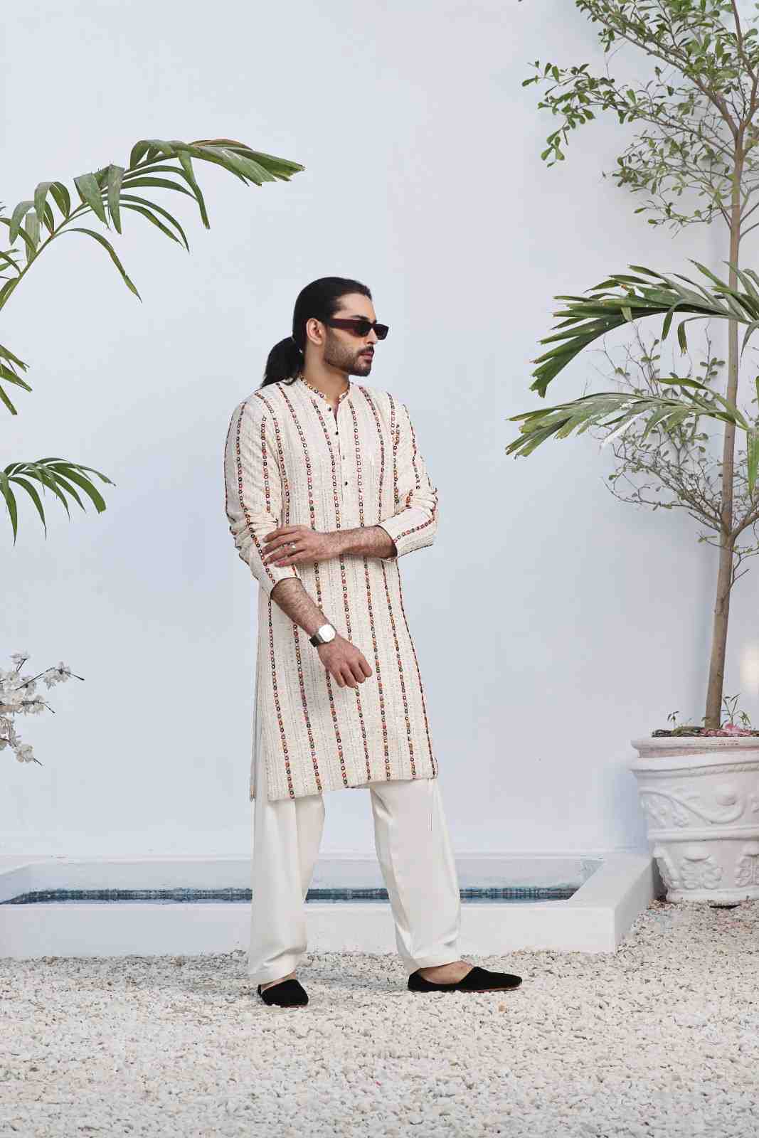 Off-White Beaded Cotton Shalwar Kameez (2-Piece) - Image 2