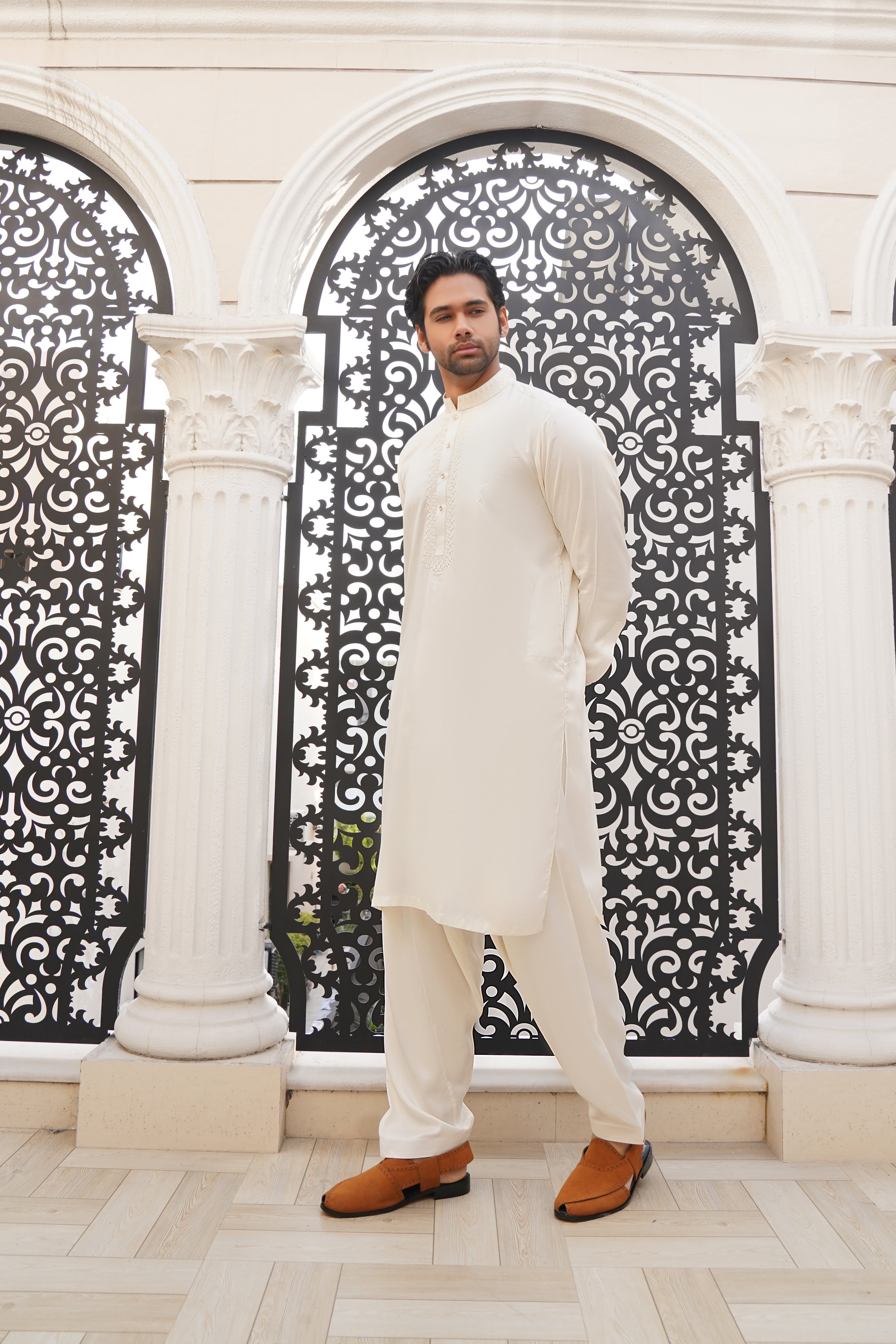 Off-White Embroidered Cotton-Silk Kurta Shalwar (2-Piece) - Image 1
