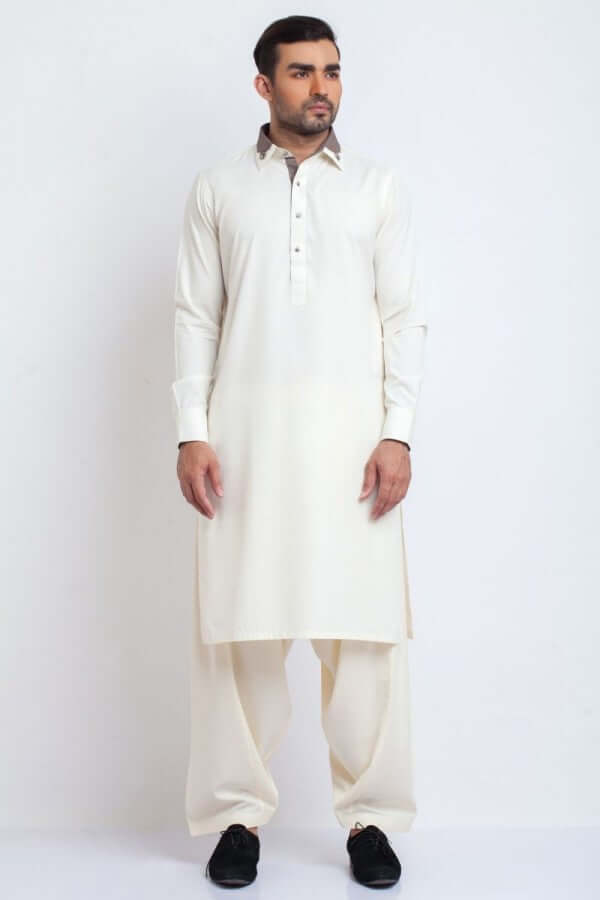 Ivory Cotton Shalwar Kameez with Contrast Collar (2-Piece) - Image 1