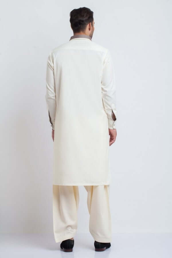 Ivory Cotton Shalwar Kameez with Contrast Collar (2-Piece) - Image 2