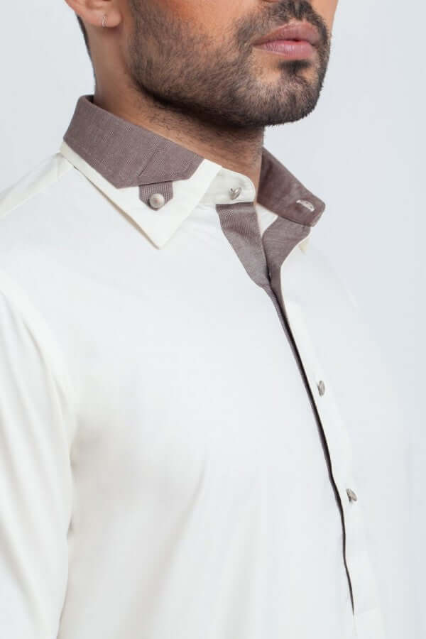 Ivory Cotton Shalwar Kameez with Contrast Collar (2-Piece) - Image 3