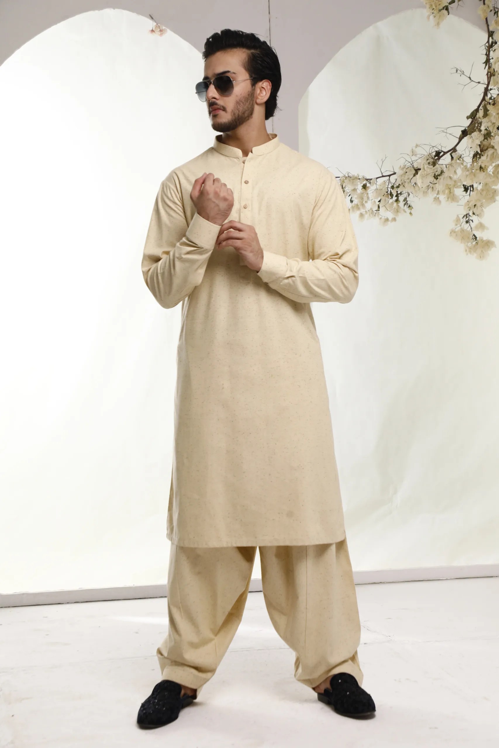 Cream Textured Lightweight Woven Shalwar Kameez (2-Piece) - Image 1