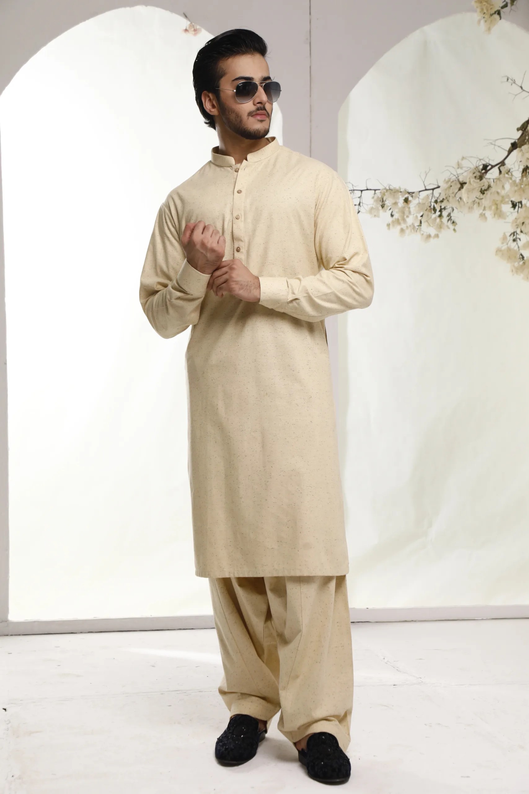 Cream Textured Lightweight Woven Shalwar Kameez (2-Piece) - Image 2