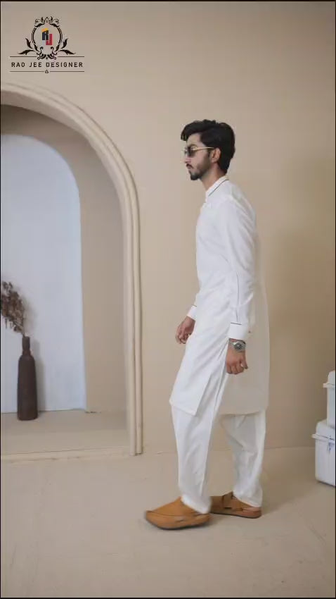Off White Precision Stitch Wash & Wear Shalwar Kameez (2-Piece) - Image 1