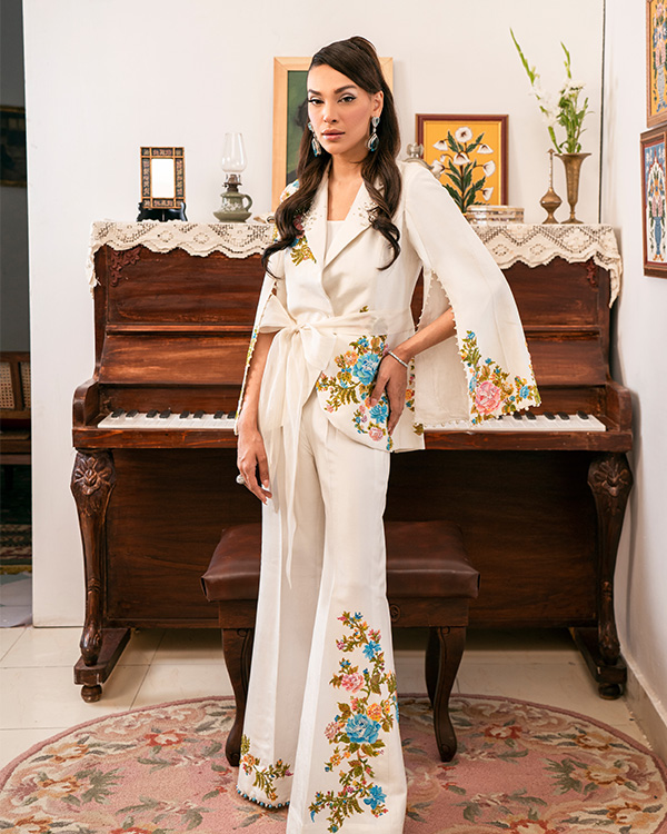 Ivory Floral Embroidered Pure Silk Power Suit (2-Piece) - Image 1