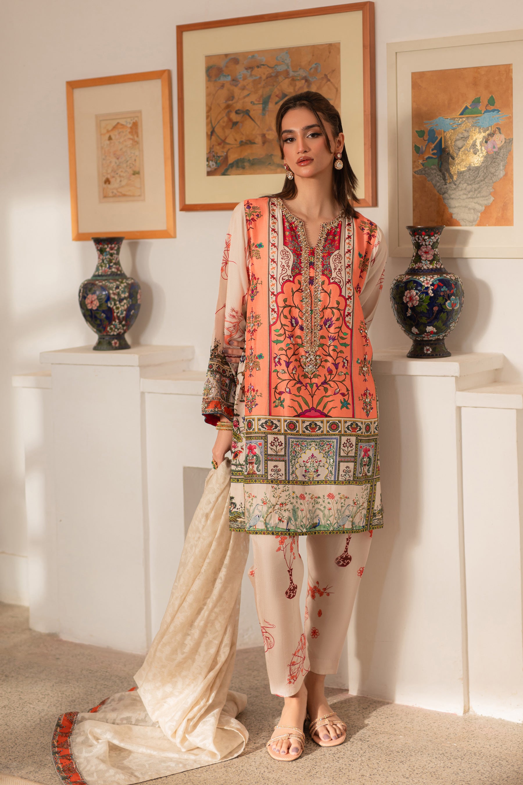 Pakistani Ivory Sunset Embellished Silk Kurta Shalwar (3-Piece) - Image 1
