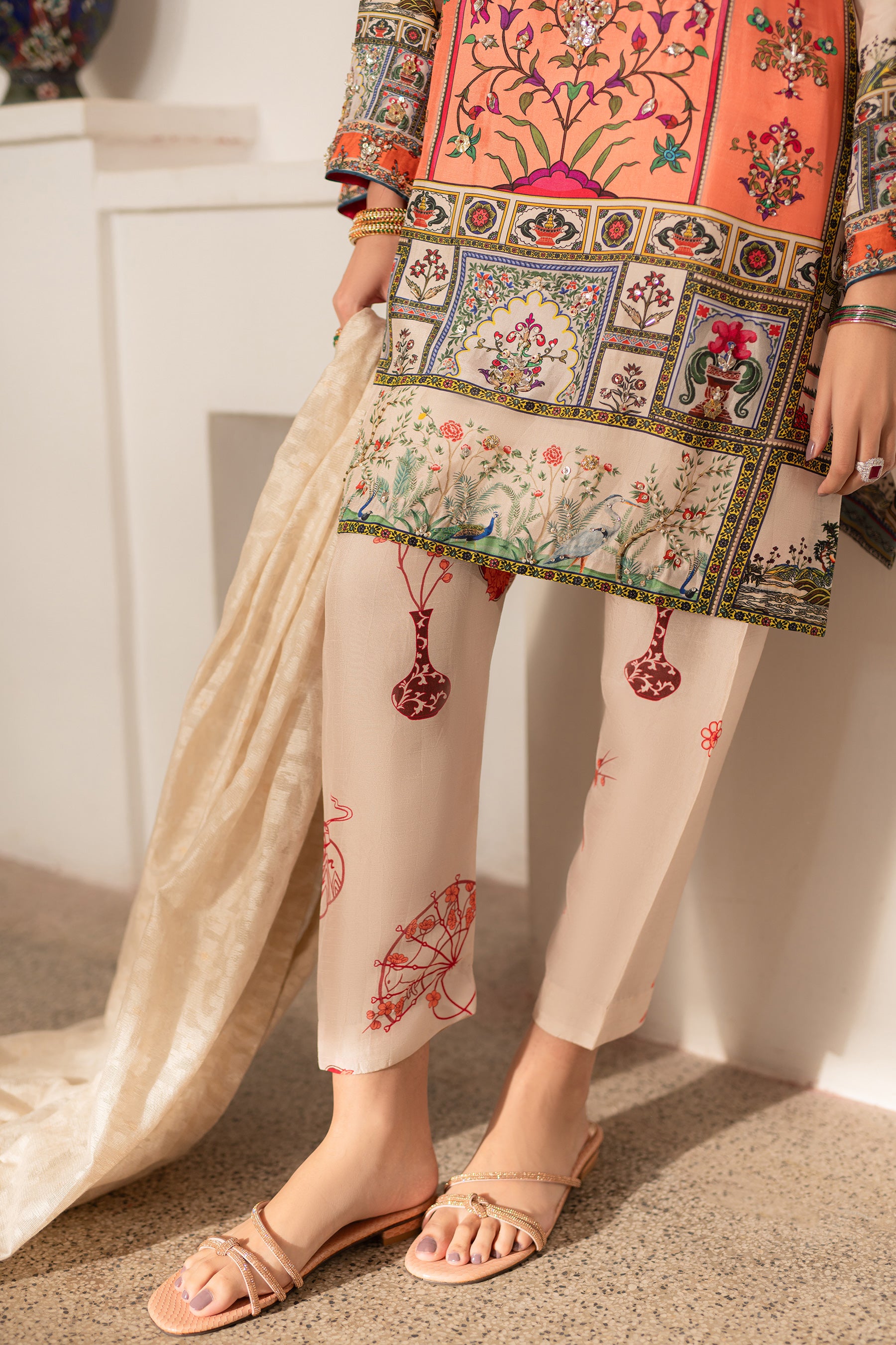 Pakistani Ivory Sunset Embellished Silk Kurta Shalwar (3-Piece) - Image 4